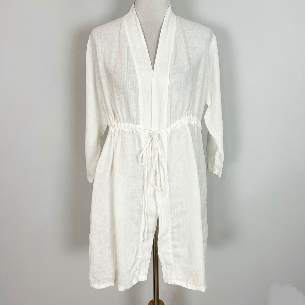 Flax Ivory Top 100% Linen Drawstring Waist Long Sleeve Size Petite Small Women's